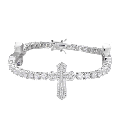Sterling Silver Round Moissanite Cross Religious Bracelet 8.5 Inch 12-1/3 Ctw