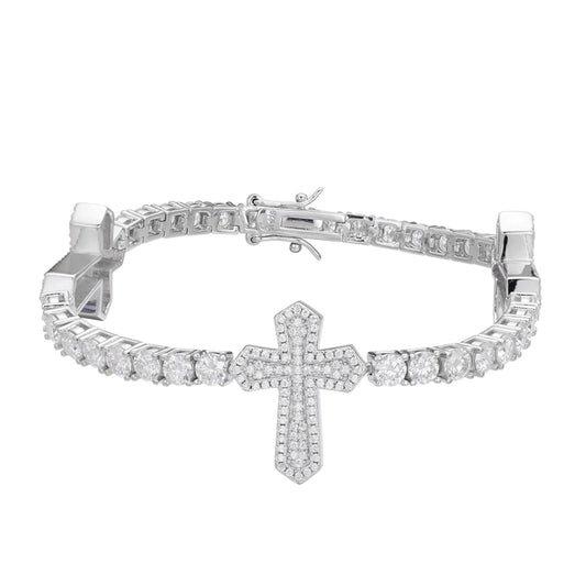Sterling Silver Round Moissanite Cross Religious Bracelet 8.5 Inch 12-1/3 Ctw