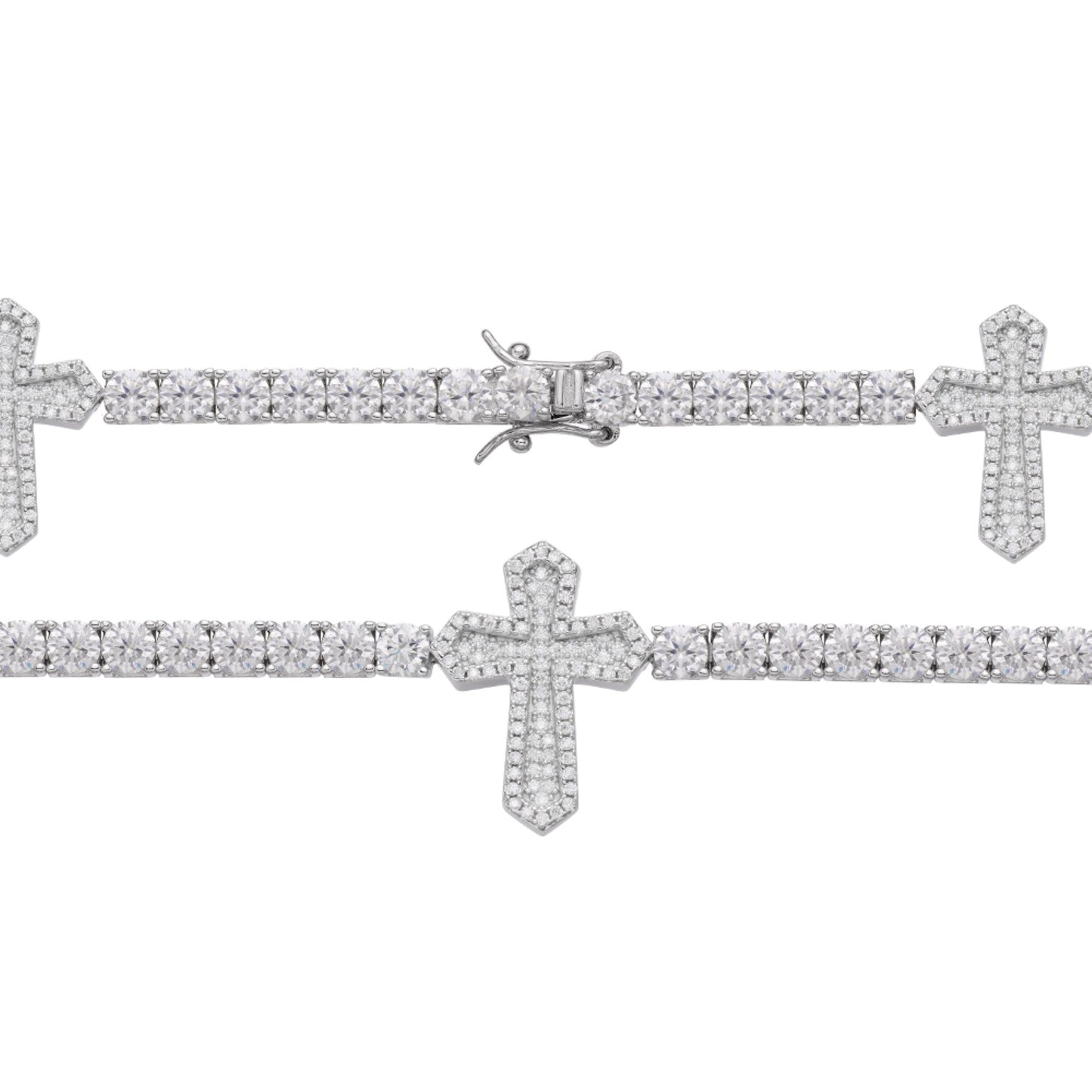 Sterling Silver Round Moissanite Cross Religious Bracelet 8.5 Inch 12-1/3 Ctw