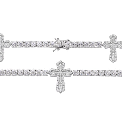 Sterling Silver Round Moissanite Cross Religious Bracelet 8.5 Inch 12-1/3 Ctw