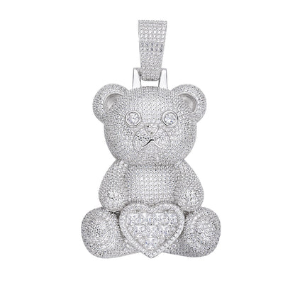 Sterling Silver 60mm Round Baguette Moissanite Teddy Animal Pendant 20-7/8 Ctw