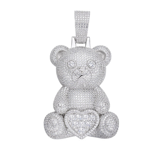 Sterling Silver 60mm Round Baguette Moissanite Teddy Animal Pendant 20-7/8 Ctw