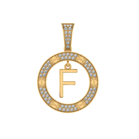 10K Yellow Gold Round Diamond F Letter Initial Pendant 1/5 Ctw