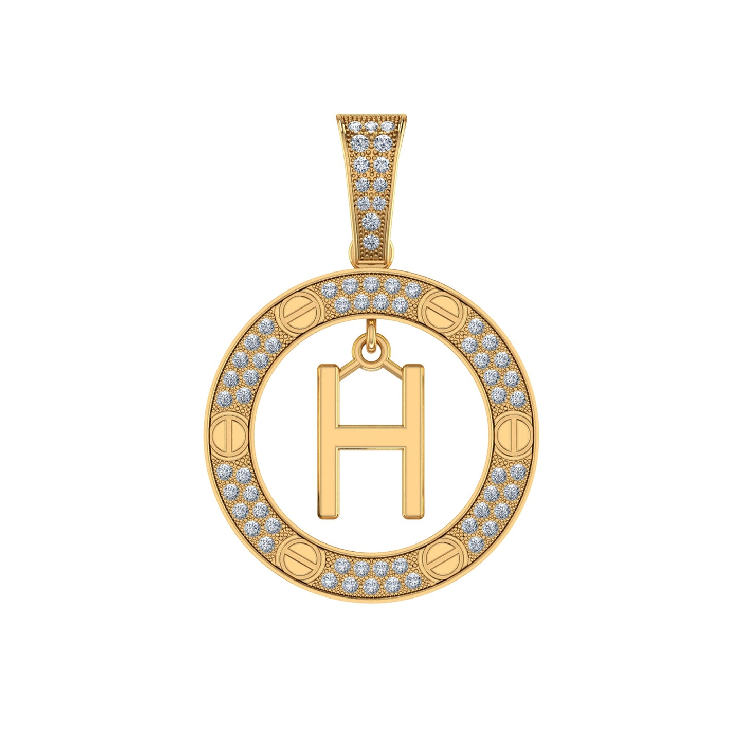 10K Yellow Gold Round Diamond H Letter Initial Pendant 1/5 Ctw