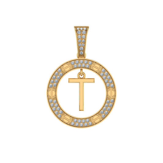 10K Yellow Gold Round Diamond T Letter Initial Pendant 1/5 Ctw