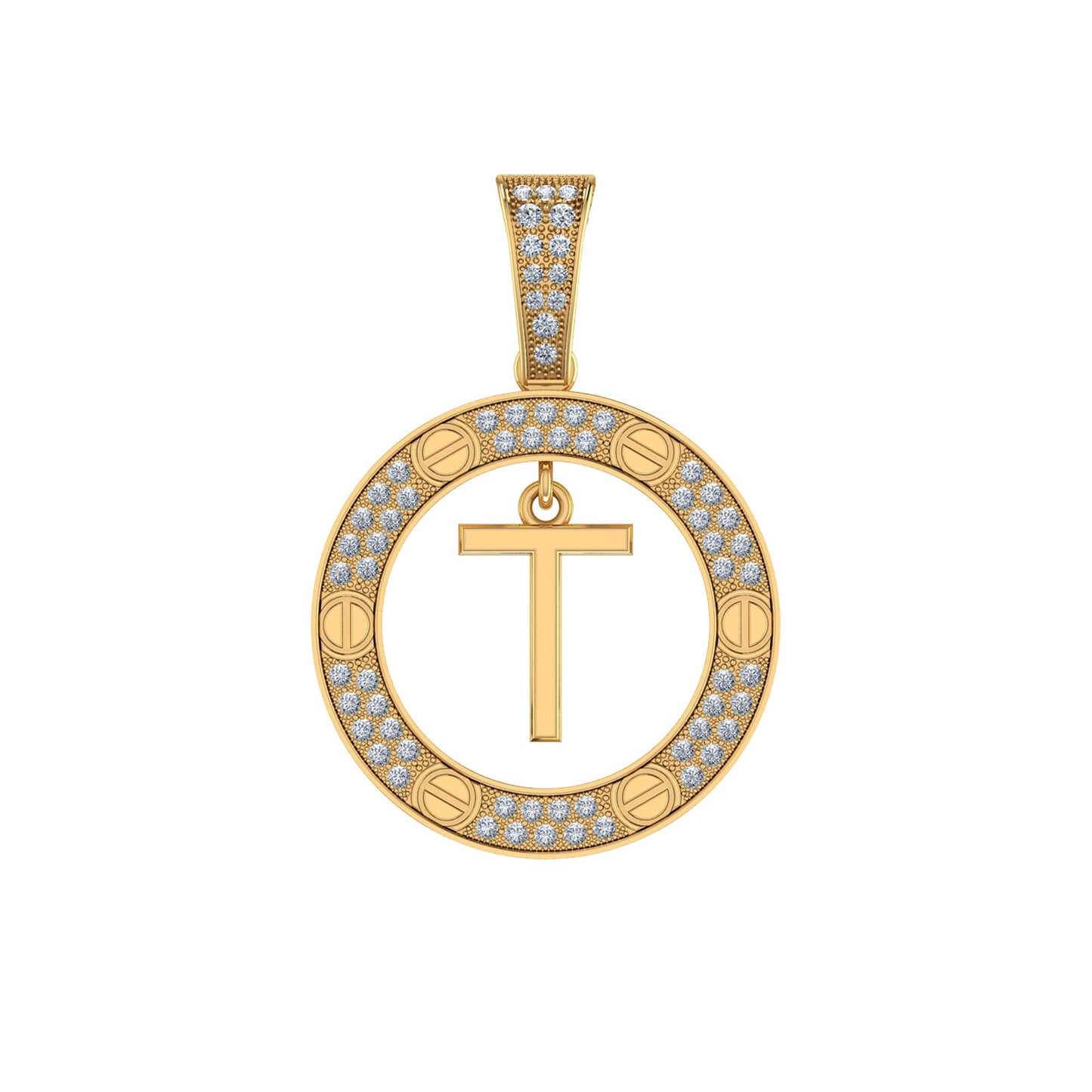 10K Yellow Gold Round Diamond T Letter Initial Pendant 1/5 Ctw