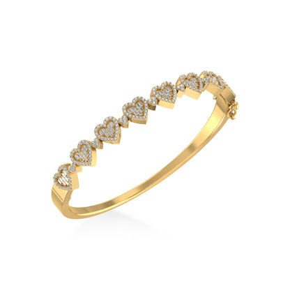 10K Yellow Gold Round Baguette Diamond Heart Designer Bangle Bracelet 1 Ctw