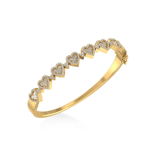 10K Yellow Gold Round Baguette Diamond Heart Designer Bangle Bracelet 1 Ctw