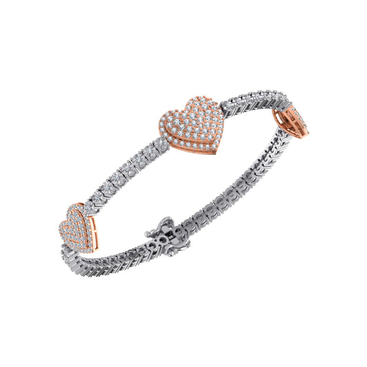 10K Rose White Two Tone Round Diamond Heart Designer 7 Inch Bracelet 1-7/8 Ctw
