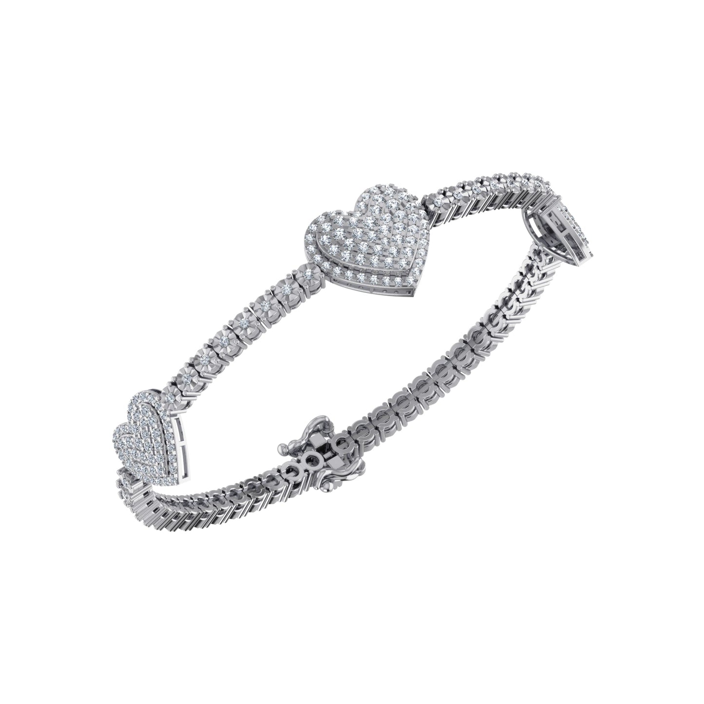 10K White Gold Round Diamond Heart Shape 7 Inch Bracelet 2 Ctw