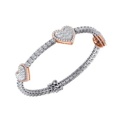 10K Rose White Two Tone Round Baguette Diamond Heart Designer 7 Inch Bracelet 1-3/8 Ctw