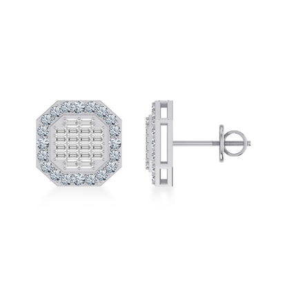 14K White Gold Round Baguette Diamond Designer Stud Earrings 7/8 Ctw