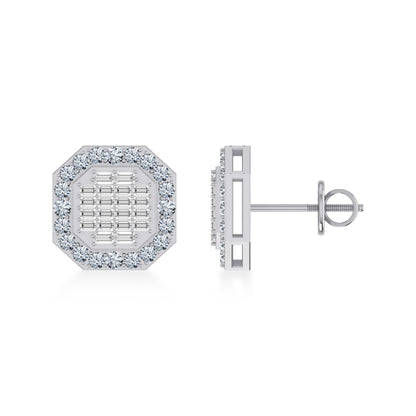 14K White Gold Round Baguette Diamond Designer Stud Earrings 7/8 Ctw