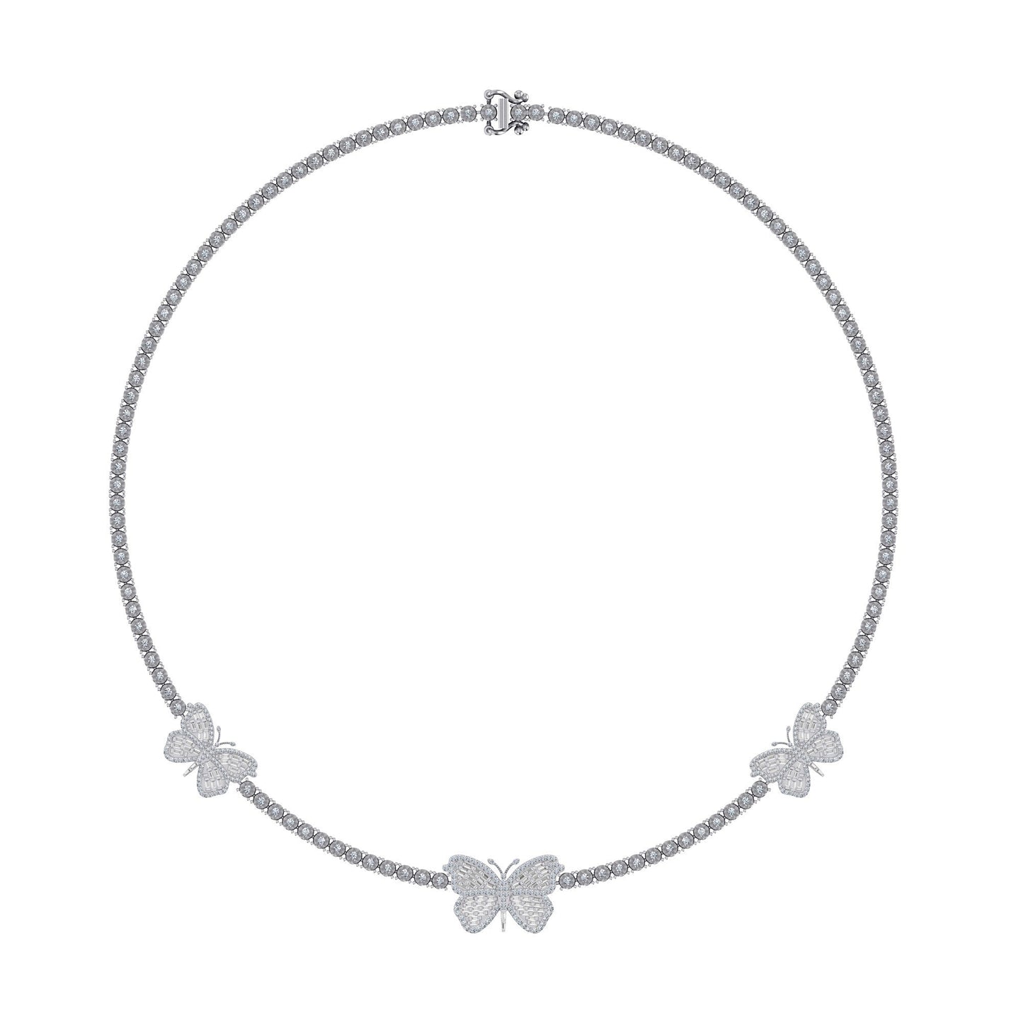 10K White Gold Round Baguette Diamond Butterfly Designer 18 Inch Necklace 1-7/8 Ctw