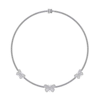 10K White Gold Round Baguette Diamond Butterfly Designer 18 Inch Necklace 1-7/8 Ctw