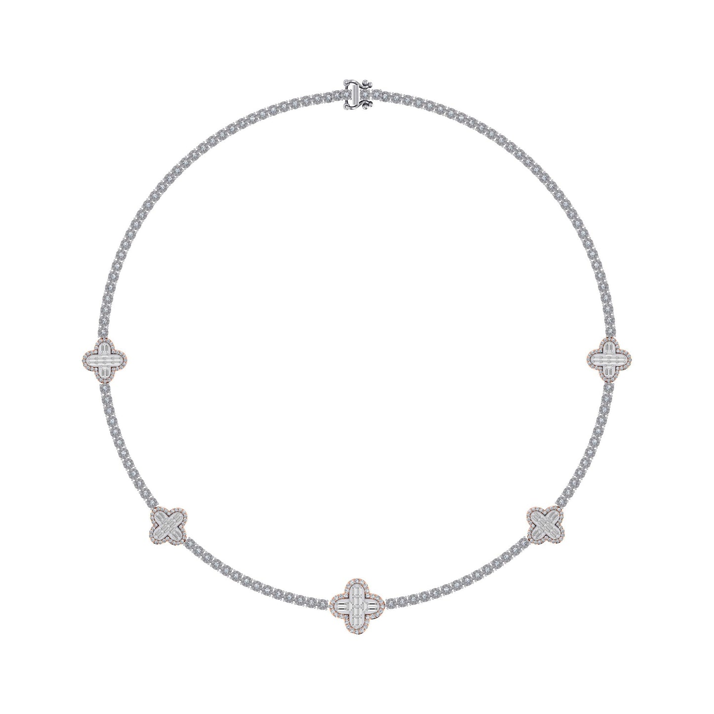 10K Rose White Two Tone Round Baguette Diamond Designer 18 Inch Necklace 2-1/5 Ctw