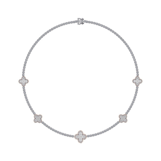 10K Rose White Two Tone Round Baguette Diamond Designer 18 Inch Necklace 2-1/5 Ctw