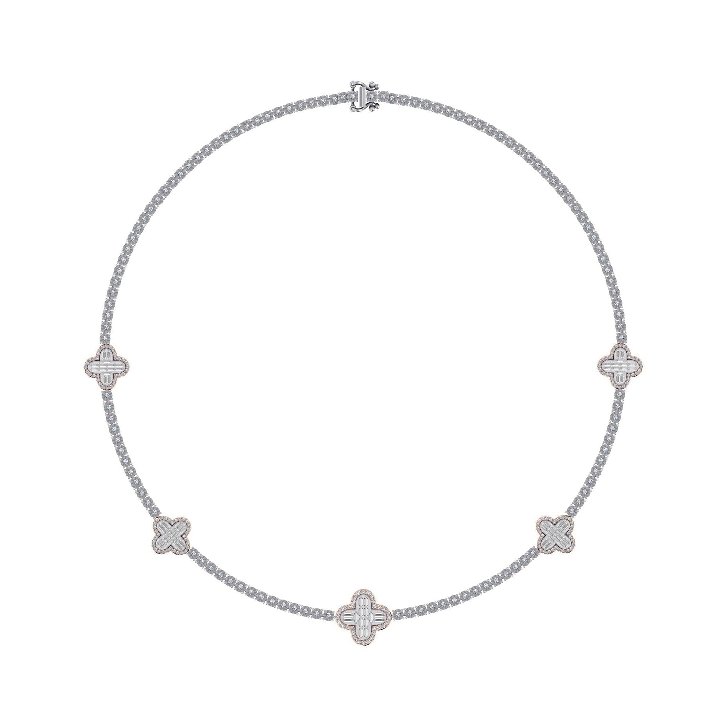 10K Rose White Two Tone Round Baguette Diamond Designer 18 Inch Necklace 2-1/5 Ctw