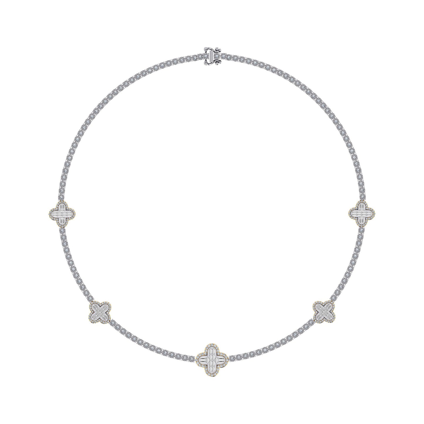 10K Yellow White Two Tone Round Baguette Diamond Designer 18 Inch Necklace 2-1/5 Ctw