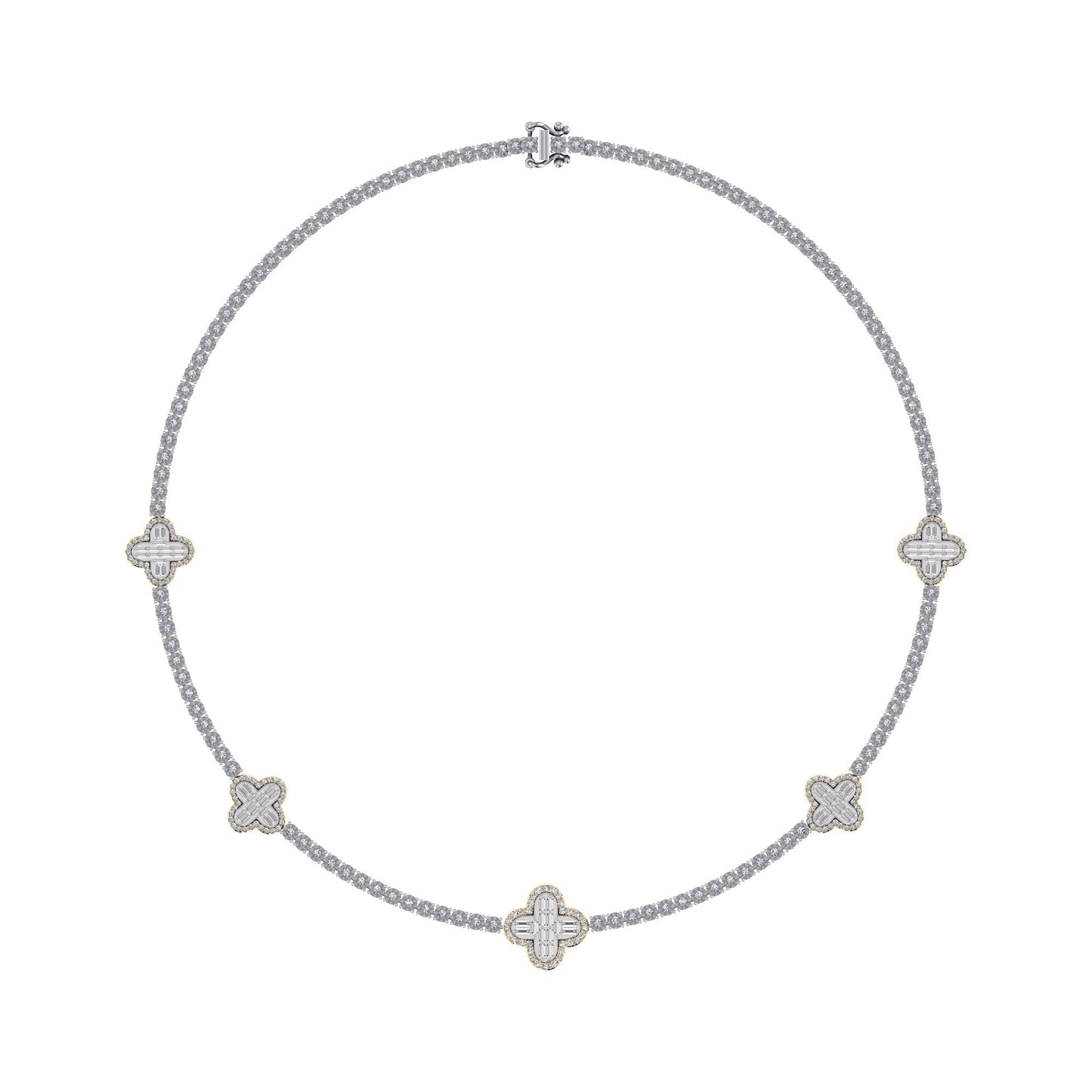 10K Yellow White Two Tone Round Baguette Diamond Designer 18 Inch Necklace 2-1/5 Ctw