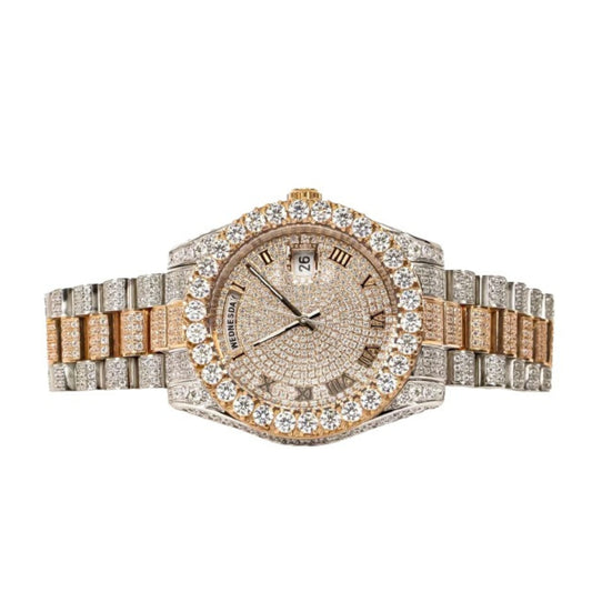 Moissanite Stainless Steel Rose Two Tone Band Men Watch 17-1/3 Ctw