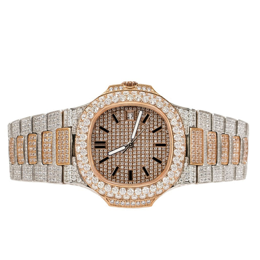 Moissanite Stainless Steel Rose Two Tone Band Men Watch 18-1/3 Ctw